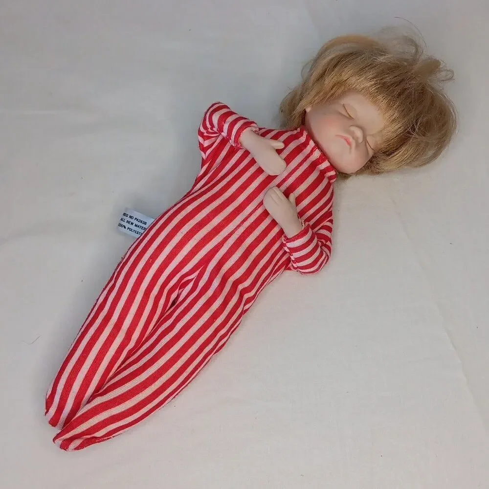 Telco Creations Sleeping Baby Doll Red White Pajamas Cloth And Wire Body